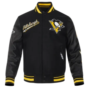 Pittsburgh penguins script tail wool leather varsity jacket black 5 1
