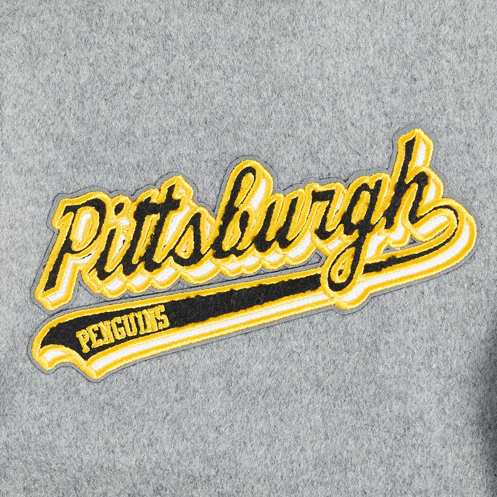 Pittsburgh penguins script tail wool leather varsity jacket grey white 1