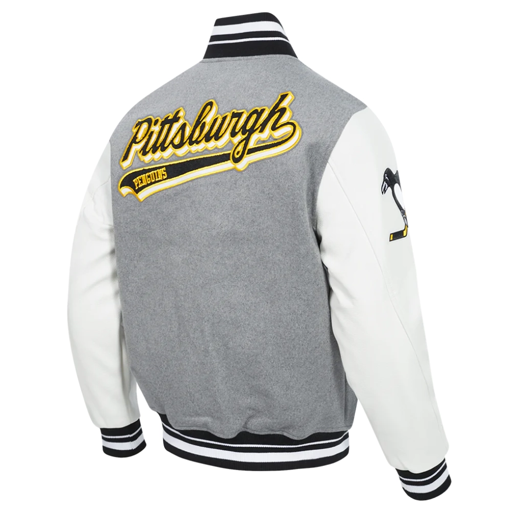 Pittsburgh penguins script tail wool leather varsity jacket grey white 3
