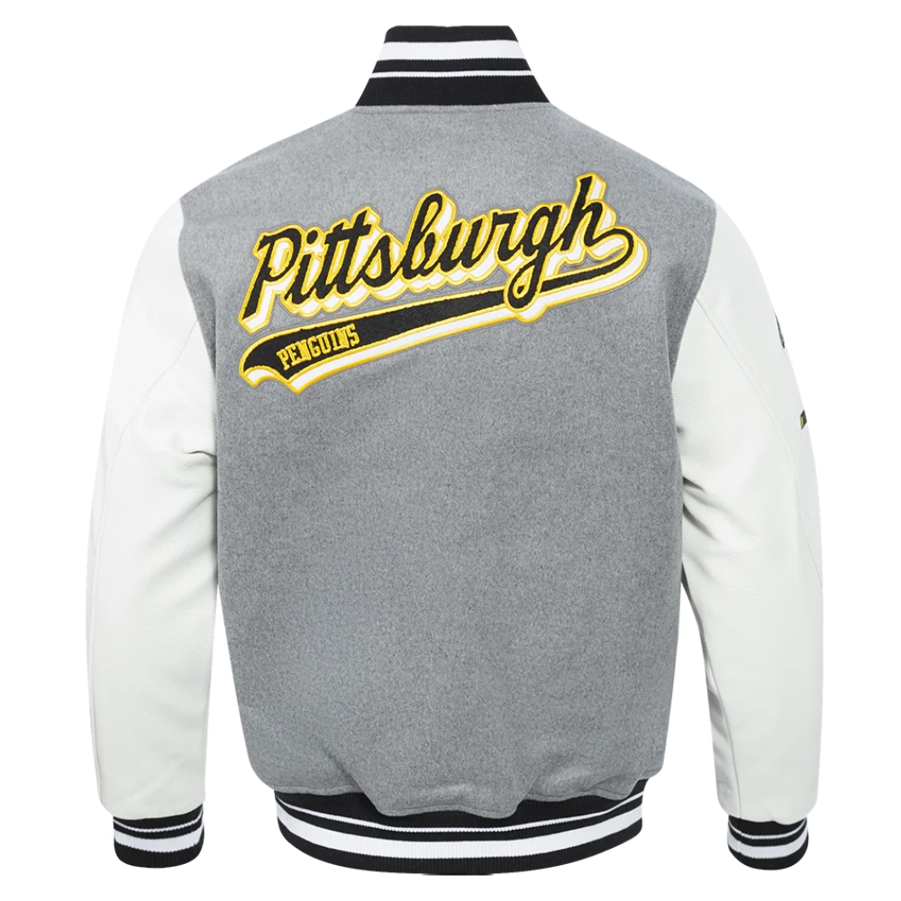 Pittsburgh penguins script tail wool leather varsity jacket grey white 4