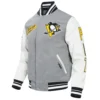 Pittsburgh penguins script tail wool leather varsity jacket grey white 5