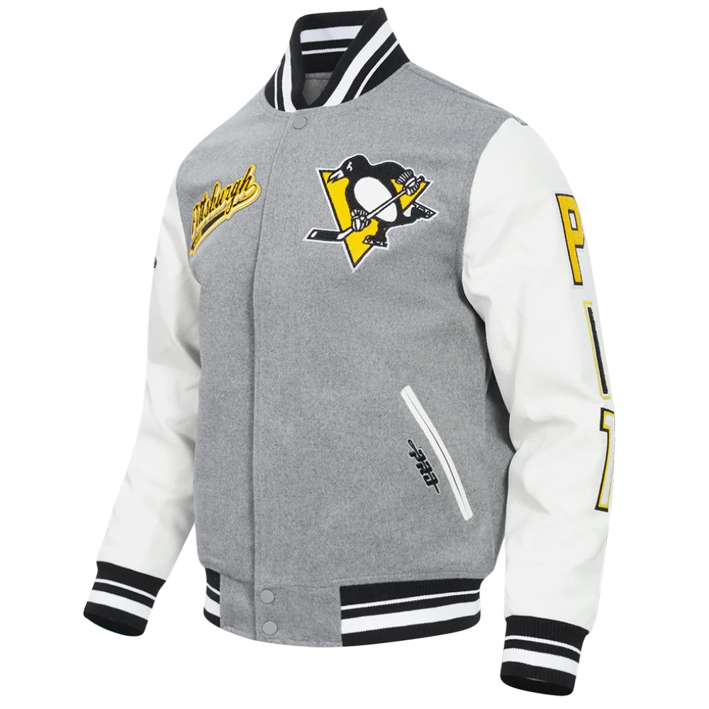Pittsburgh penguins script tail wool leather varsity jacket grey white 5