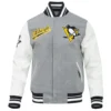 Pittsburgh penguins script tail wool leather varsity jacket grey white 6