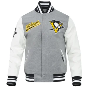 Pittsburgh penguins script tail wool leather varsity jacket grey white 6