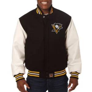 Pittsburgh penguins two tone wool leather varsity jacket black white 1