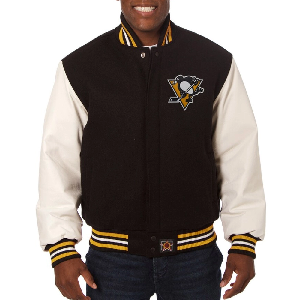 Pittsburgh penguins two tone wool leather varsity jacket black white 1