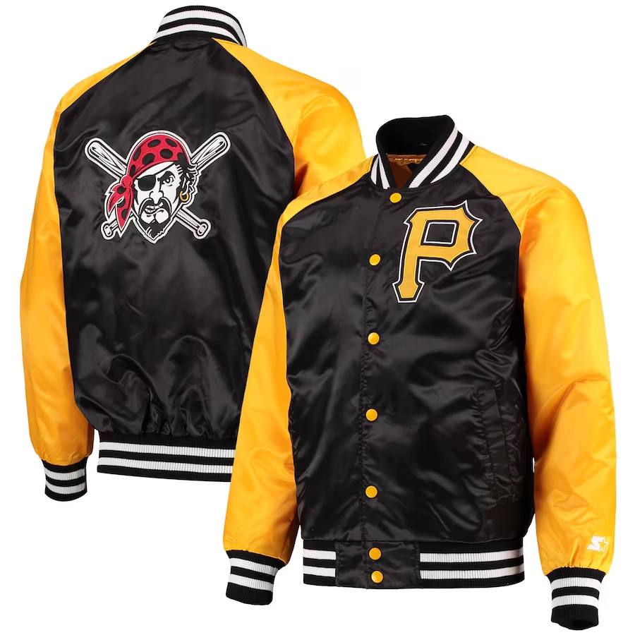 Pittsburgh pirates lead off full snap satin varsity jacket blackyellow 1