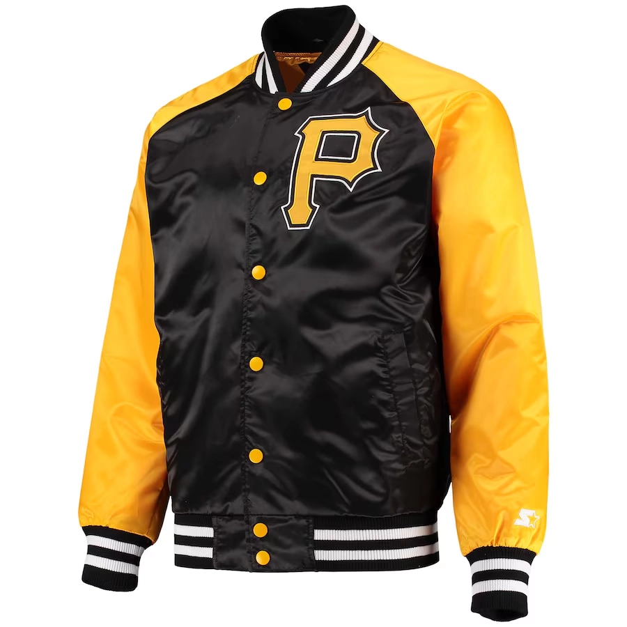 Pittsburgh pirates lead off full snap satin varsity jacket blackyellow 4