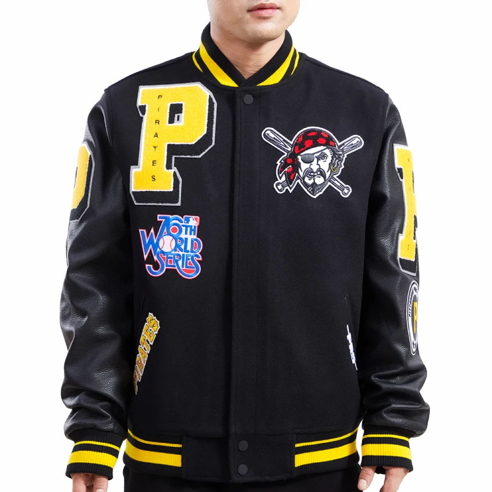 Pittsburgh pirates mashup full snap satin varsity jacket black 3