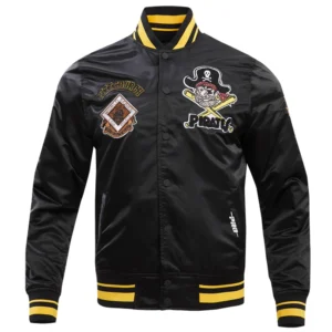 Pittsburgh pirates retro classic full snap satin varsity jacket black 7
