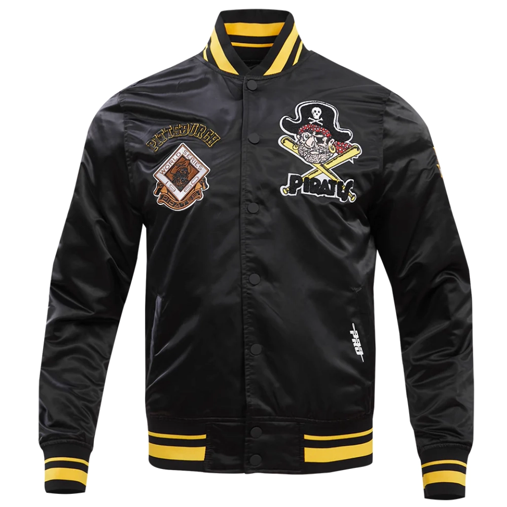 Pittsburgh pirates retro classic full snap satin varsity jacket black 7