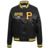 Pittsburgh pirates retro classic womens full snap satin varsity jacket black 8