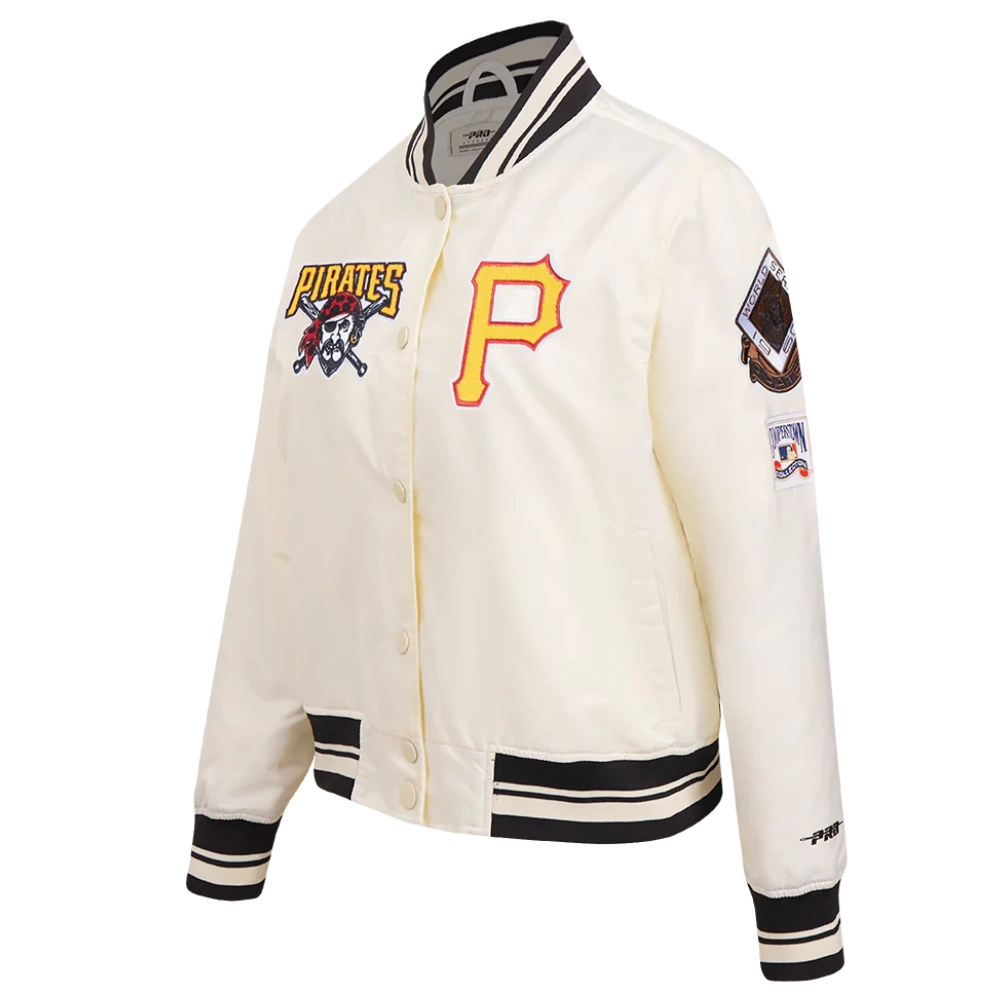 Pittsburgh pirates retro classic womens full snap satin varsity jacket white 7