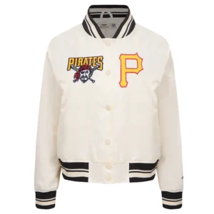 Pittsburgh pirates retro classic womens full snap satin varsity jacket white 8