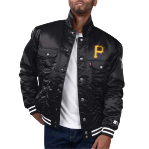 Pittsburgh pirates team players satin varsity trucker jacket black 1
