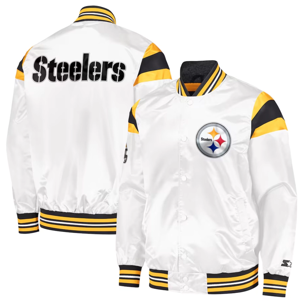 Pittsburgh steelers full snap satin varsity jacket white