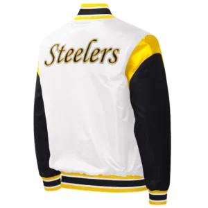 Pittsburgh steelers pitch full snap satin varsity jacket white black 1