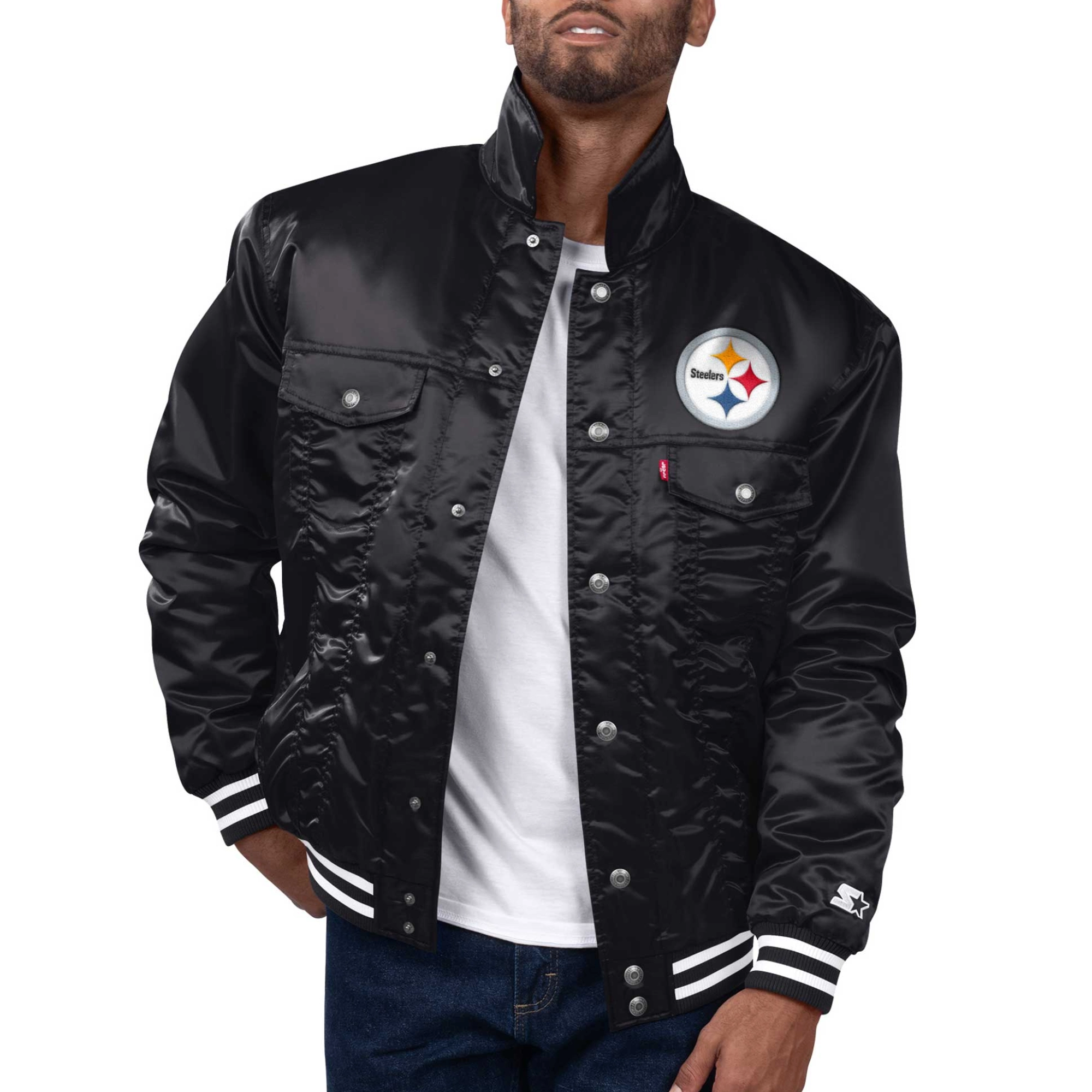 Pittsburgh steelers silver tab trucker satin varsity jacket black 1