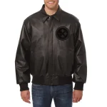 Pittsburgh Steelers Shirt Collar Full Black Leather Bomber Jacket