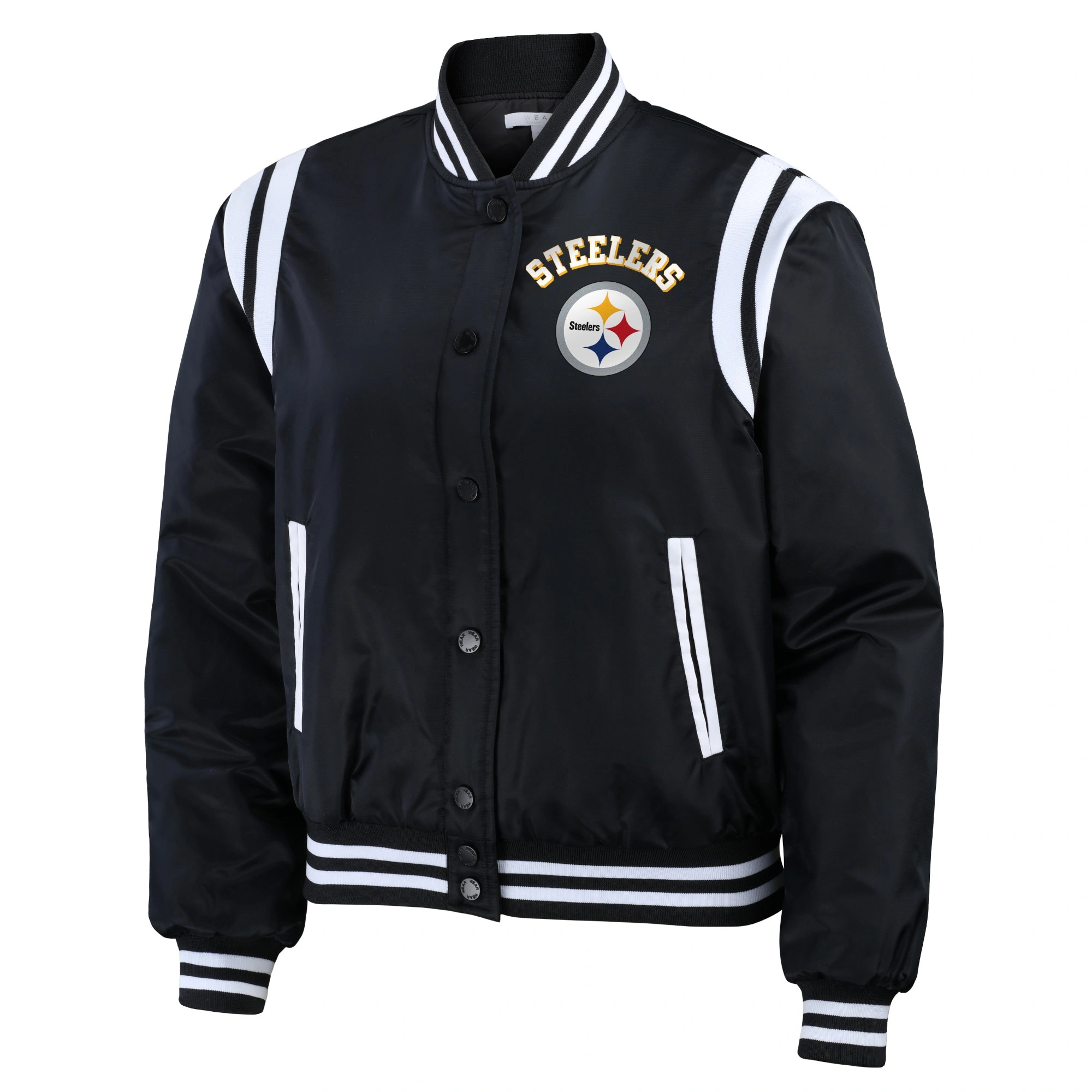 Pittsburgh steelers womens full snap bomber varsity jacket black 1 1