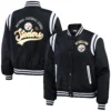Pittsburgh steelers womens full snap bomber varsity jacket black 1