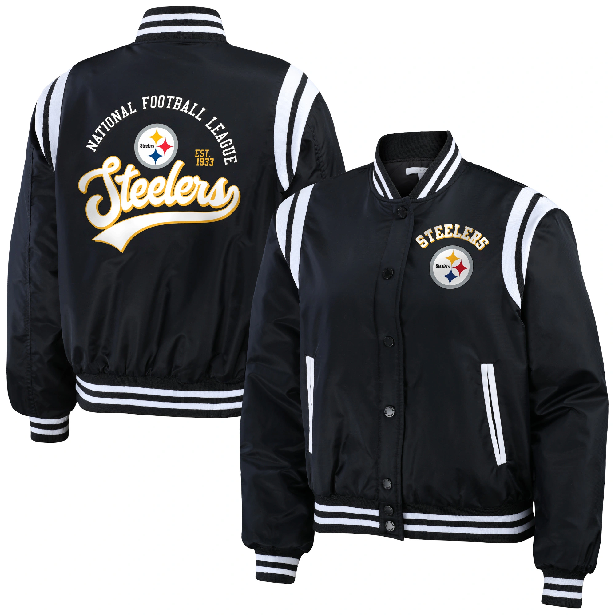 Pittsburgh steelers womens full snap bomber varsity jacket black 1