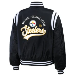 Pittsburgh steelers womens full snap bomber varsity jacket black 2 1