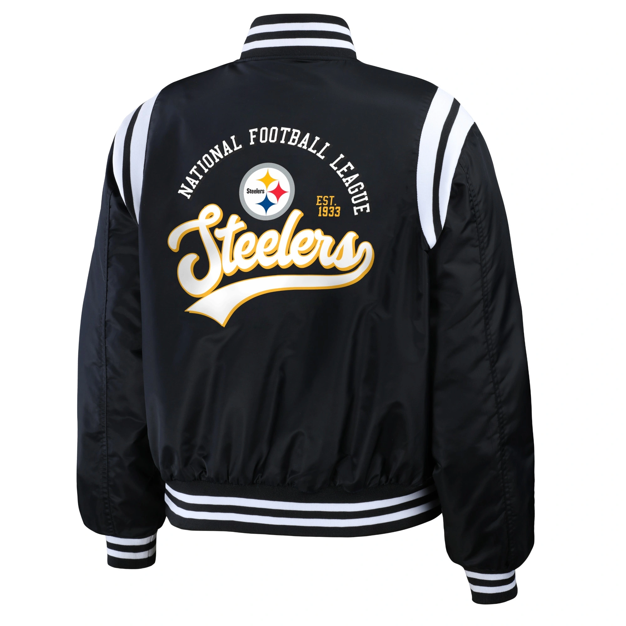 Pittsburgh steelers womens full snap bomber varsity jacket black 2 1
