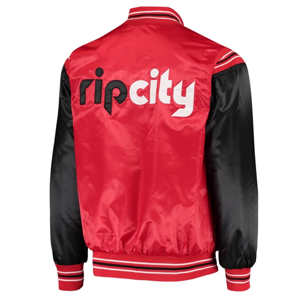 Portland trail blazers enforcer full snap satin varsity jacket red black 1