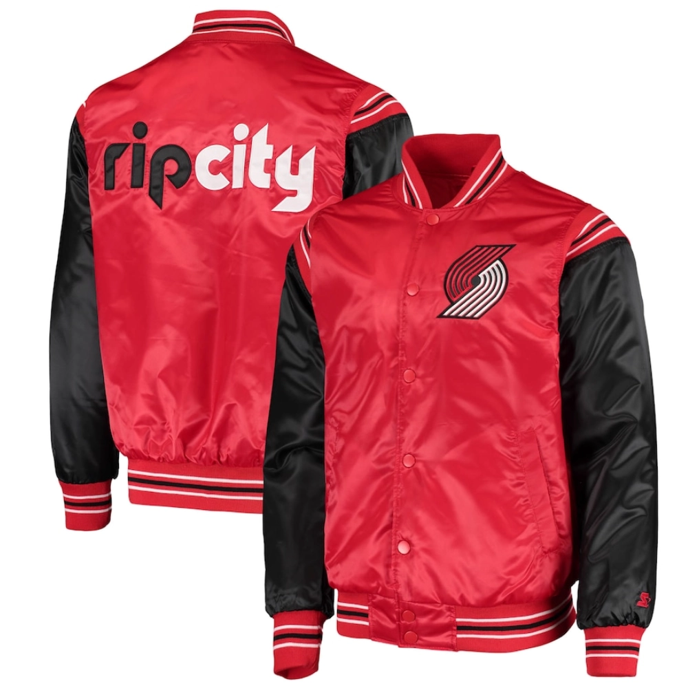Portland trail blazers enforcer full snap satin varsity jacket red black 3