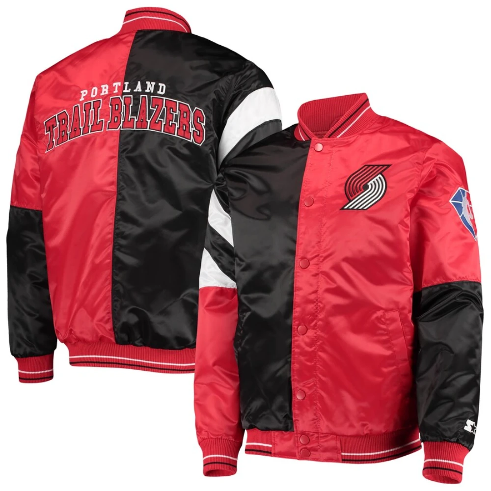 Portland trail blazers leader satin varsity jacket black red 3