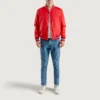 Red satin jacket with white stripes