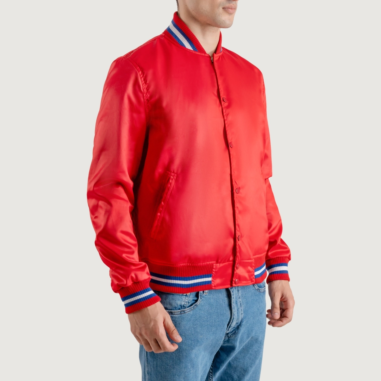 Red satin jacket with white stripes 2