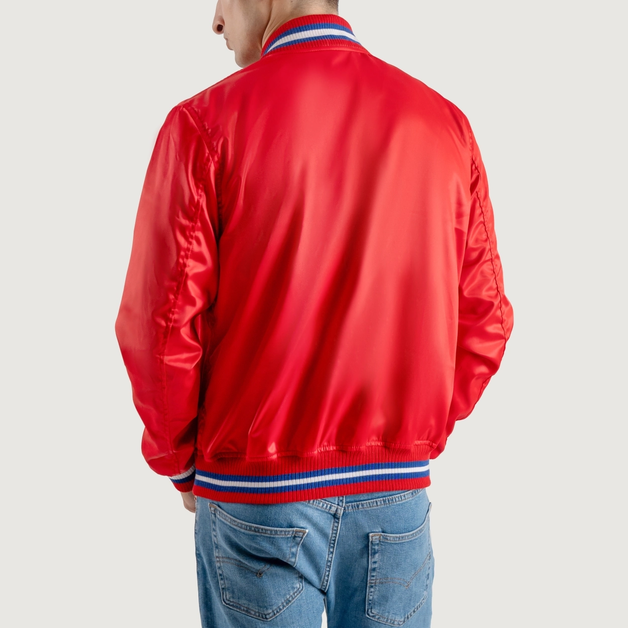 Red satin jacket with white stripes 3
