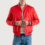 Red Satin Varsity Jacket with White Stripes