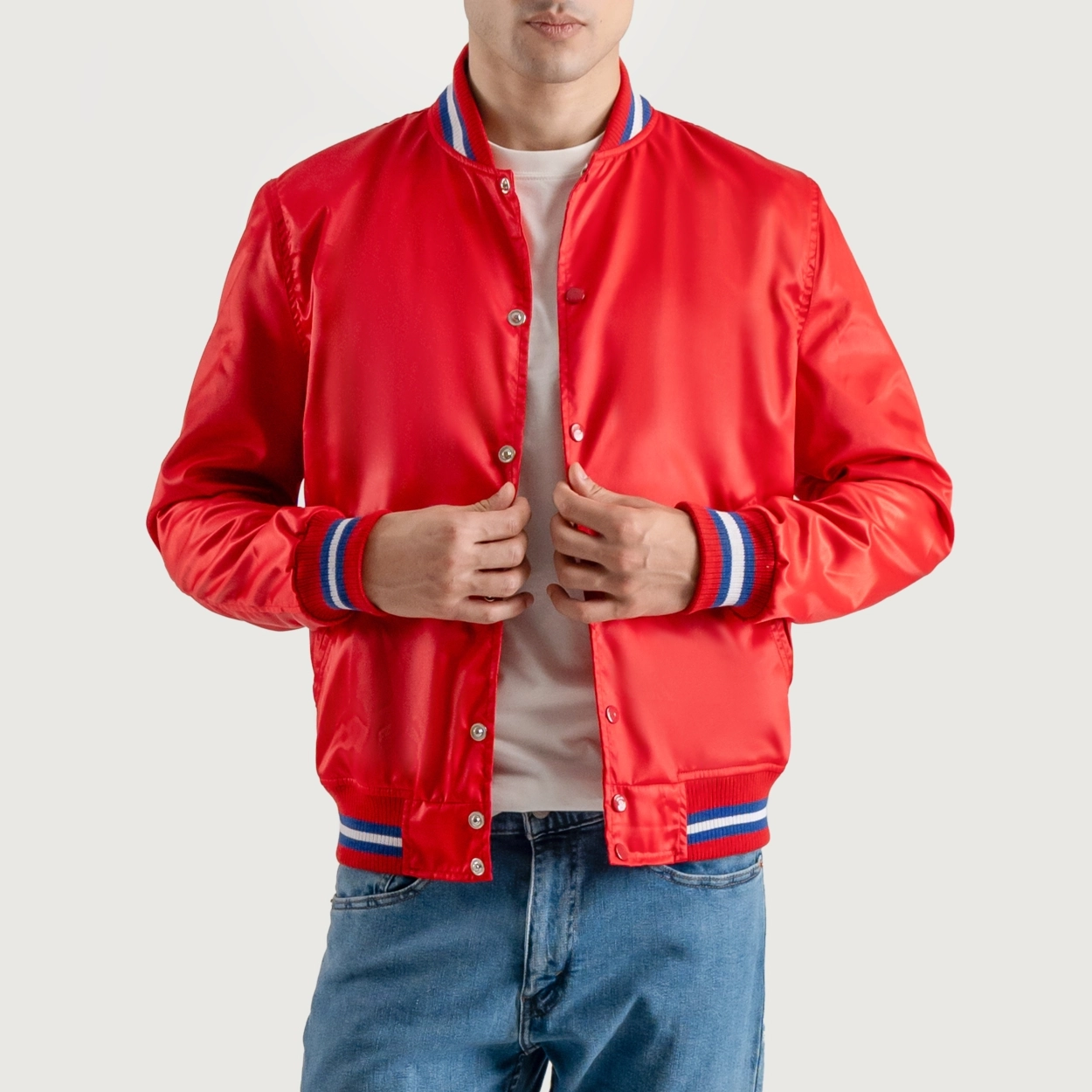 Red satin jacket with white stripes 4