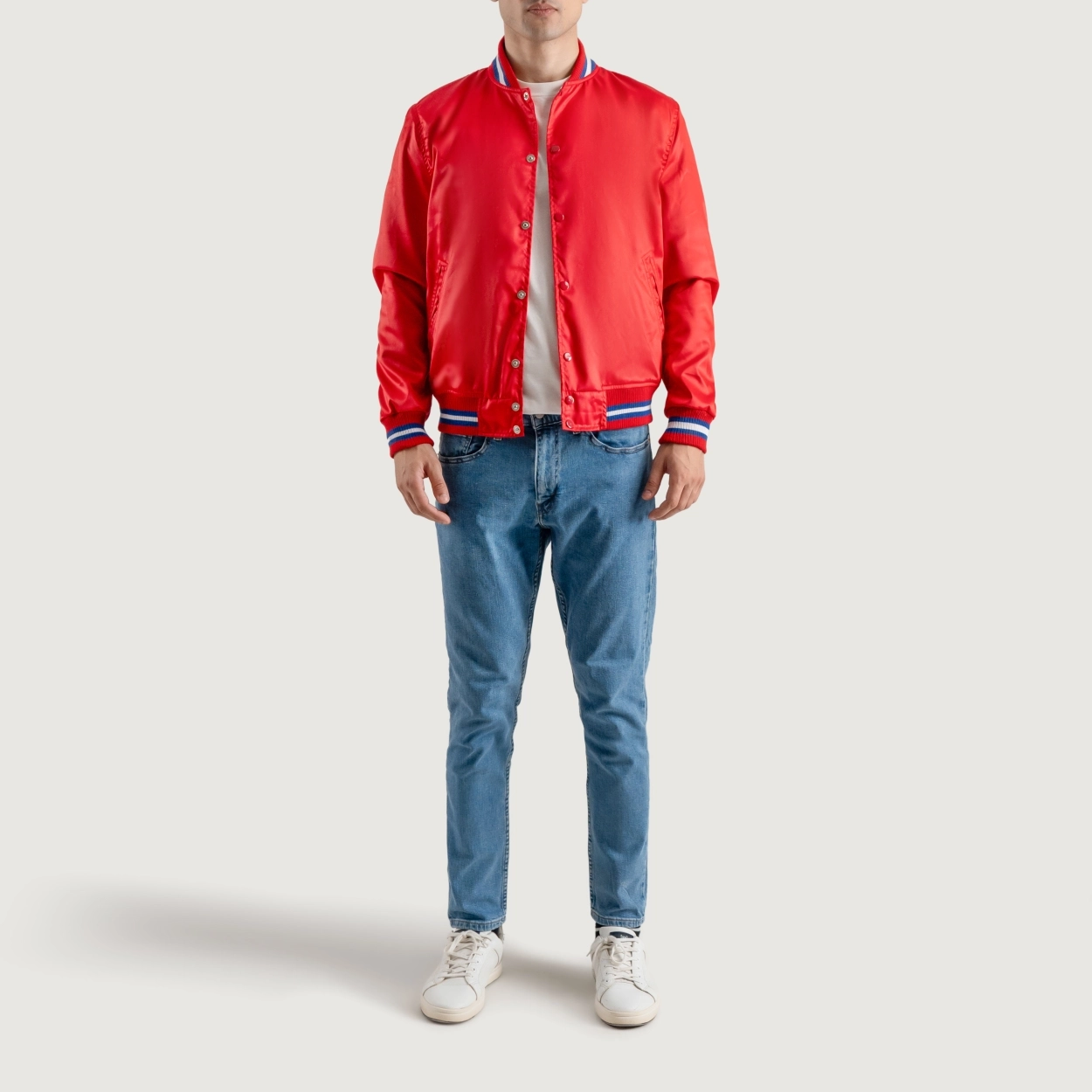 Red satin jacket with white stripes