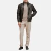 Ribbed cuffs dark brown mens bomber leather jacket