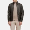 Ribbed cuffs mens dark brown bomber jacket