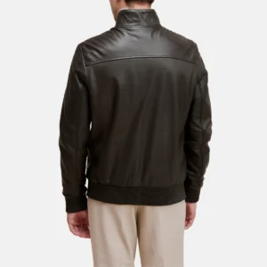 Ribbed cuffs mens dark brown bomber leather jacket