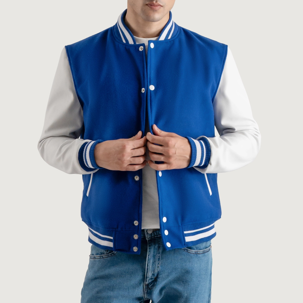 Royal blue and white wool leather varsity letterman jacket 1