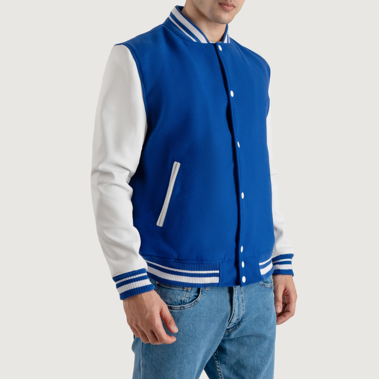 Royal blue and white wool leather varsity letterman jacket 3