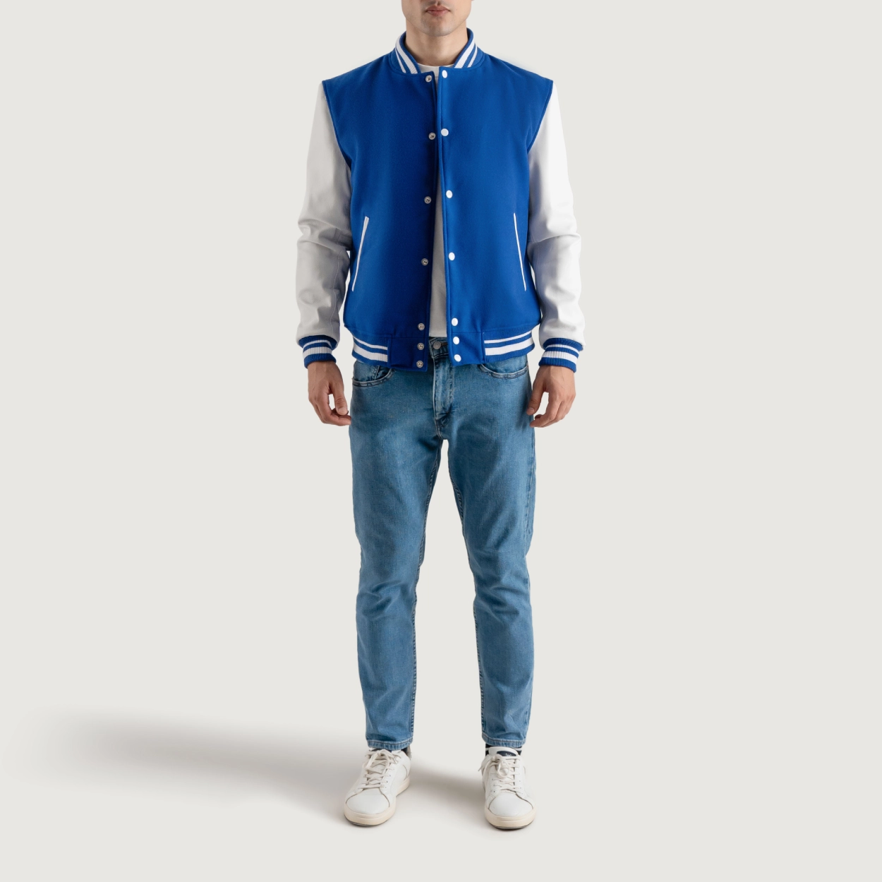 Royal blue and white wool leather varsity letterman jacket 5