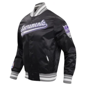 Sacramento kings pro standard script tail black satin varsity jacket 1