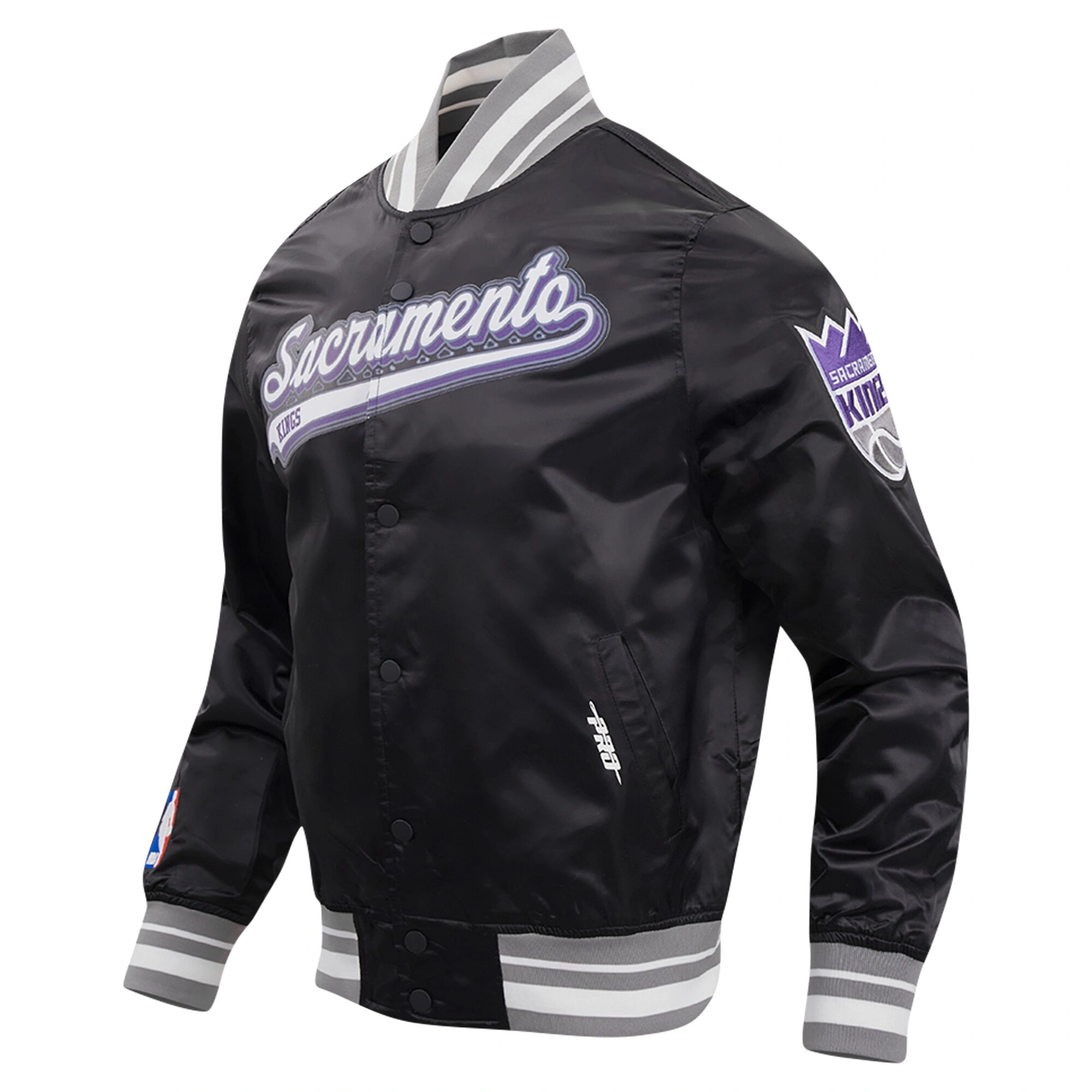 Sacramento kings pro standard script tail black satin varsity jacket 1