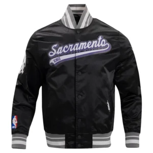 Sacramento kings pro standard script tail black satin varsity jacket 2