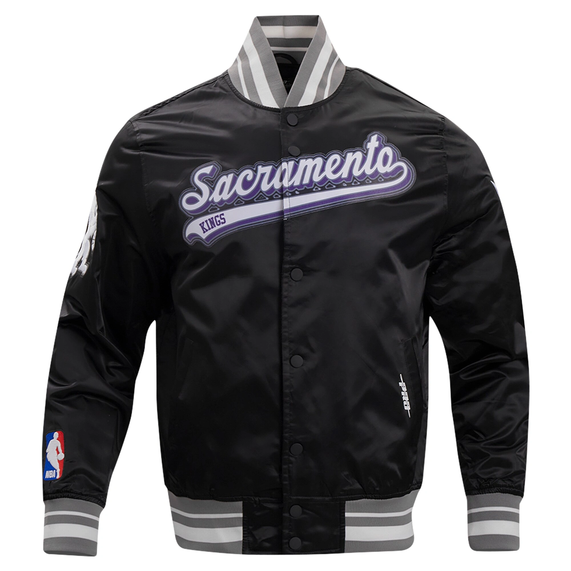 Sacramento kings pro standard script tail black satin varsity jacket 2