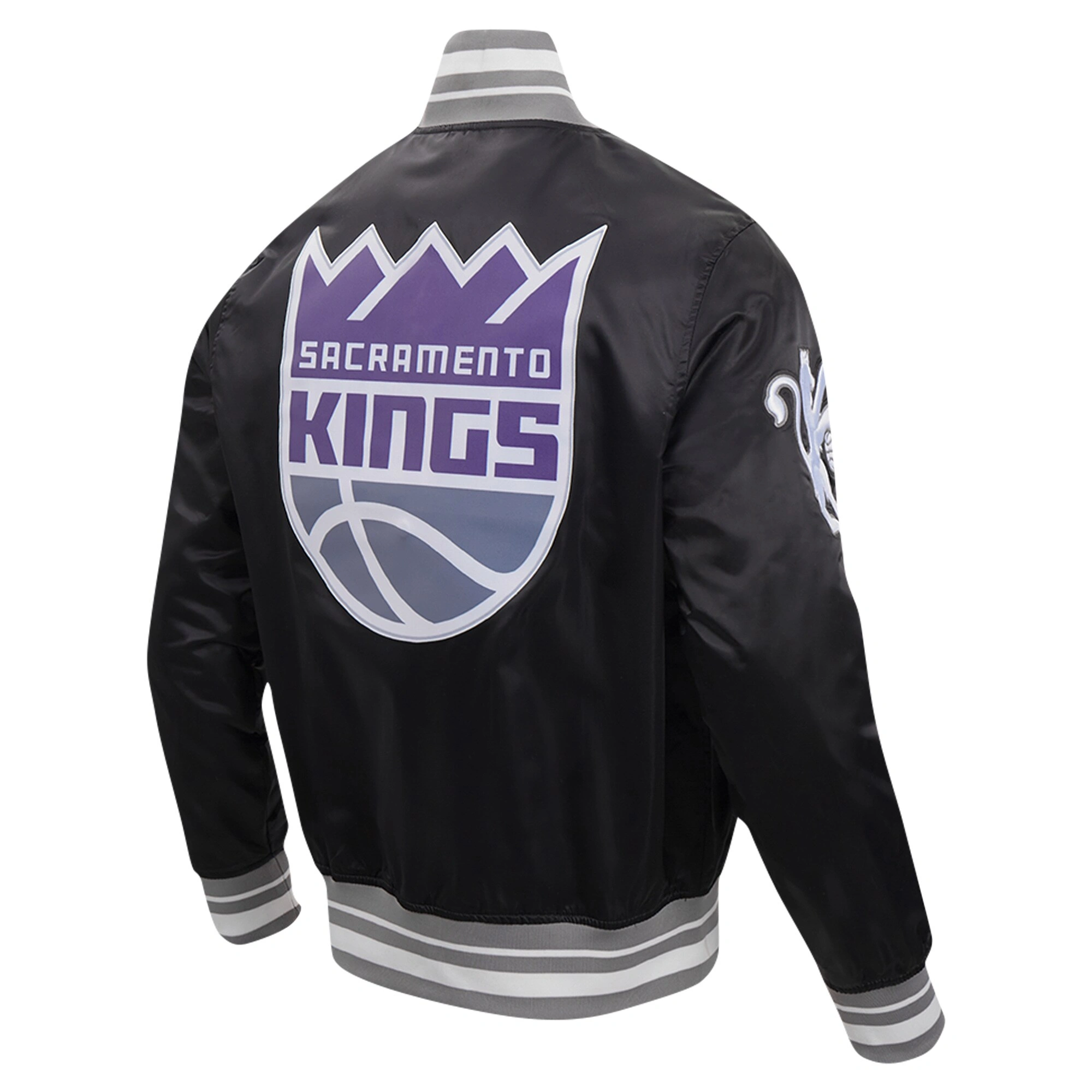 Sacramento kings pro standard script tail black satin varsity jacket 3