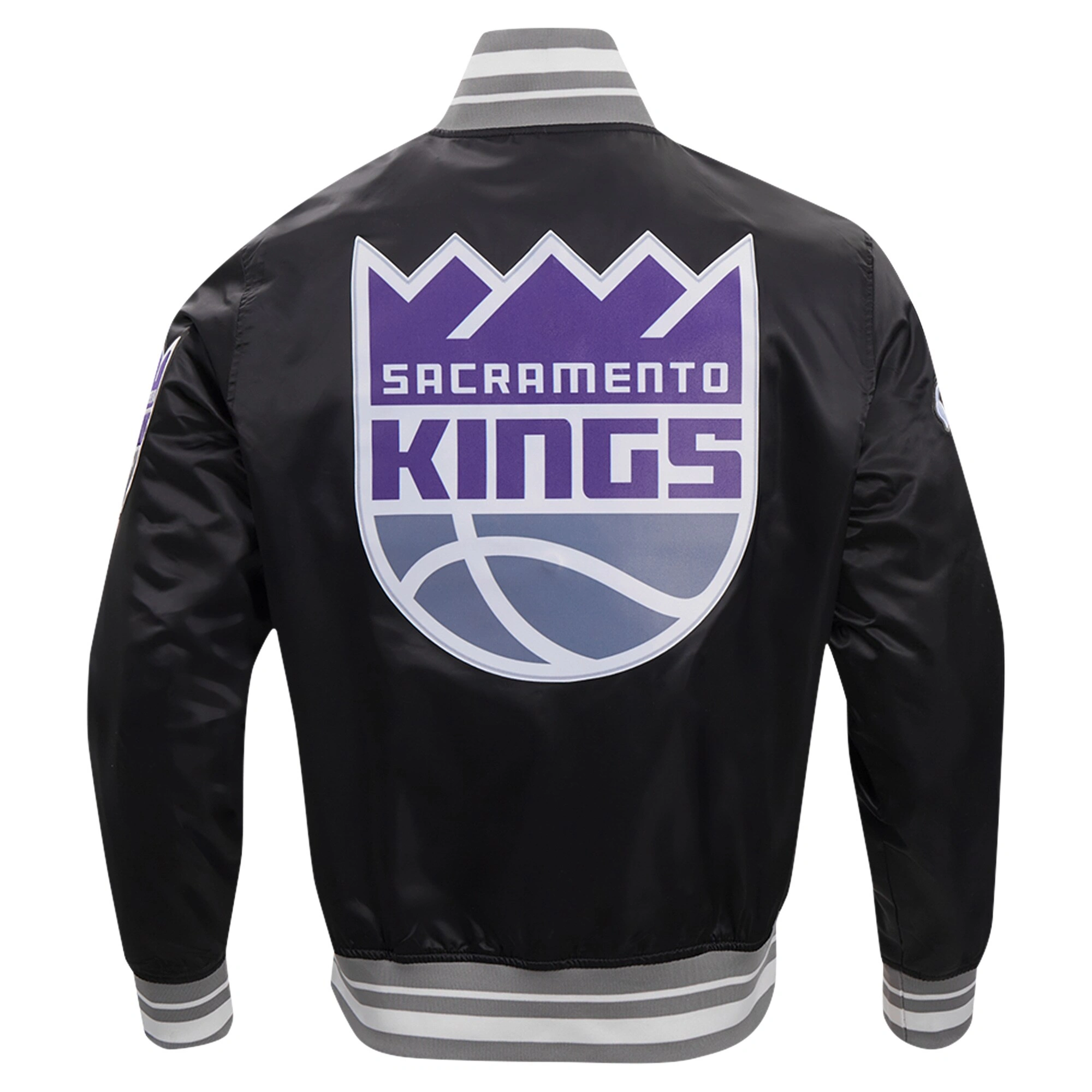 Sacramento kings pro standard script tail black satin varsity jacket 4
