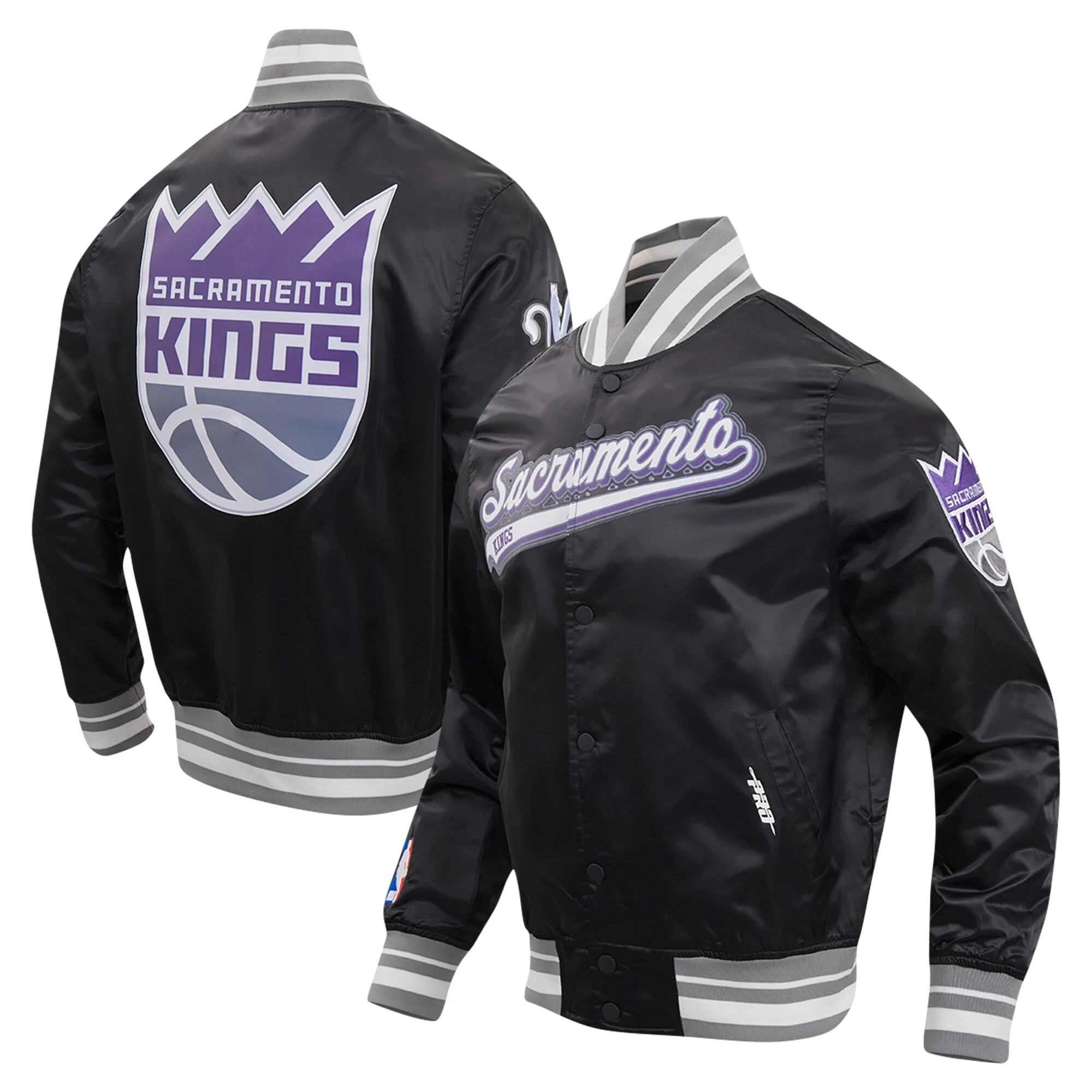 Sacramento kings pro standard script tail black satin varsity jacket 9